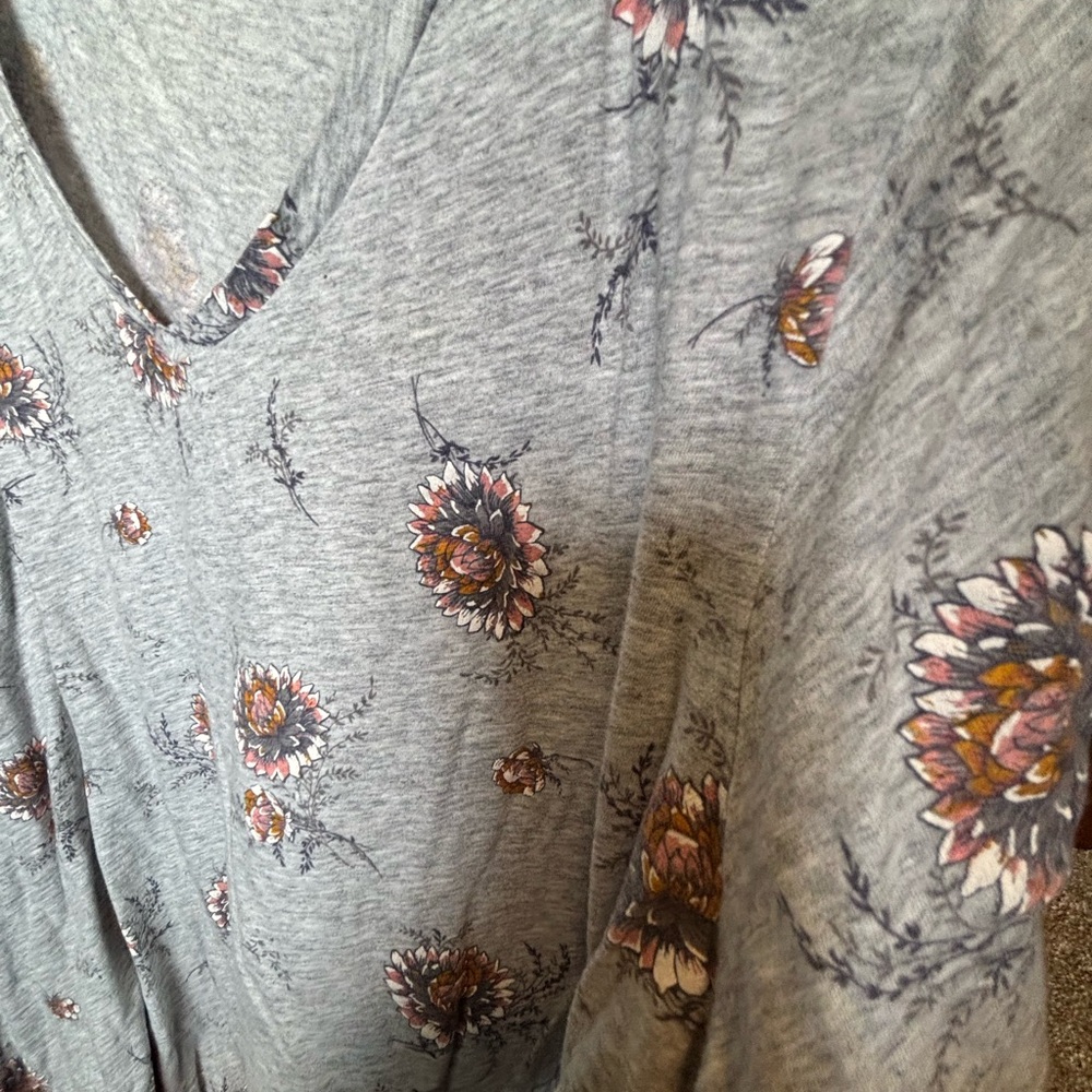 LOFT Grey Floral V-Neck Tunic with Pink and Gold Accents